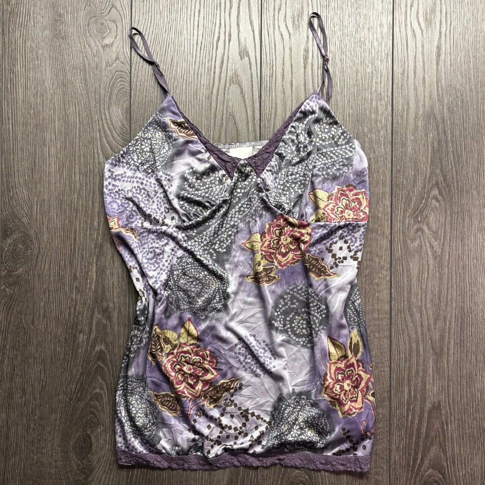 Xhilaration Purple Floral Y2K Satin Lace Trim Camisole Top XL Boho Adjustable